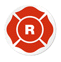 Red firefighter badge with a white circular border and a prominent letter 'R' in the center.