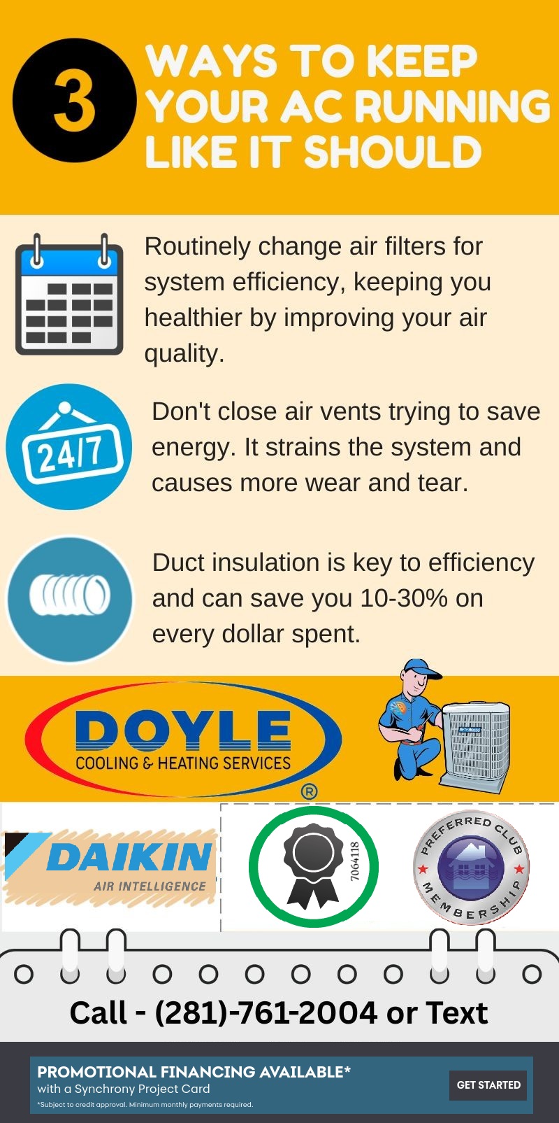 Infographic titled '3 Ways to Keep Your AC Running Like It Should' with guidance on changing air filters, avoiding closing air vents, and the importance of duct insulation for efficiency.